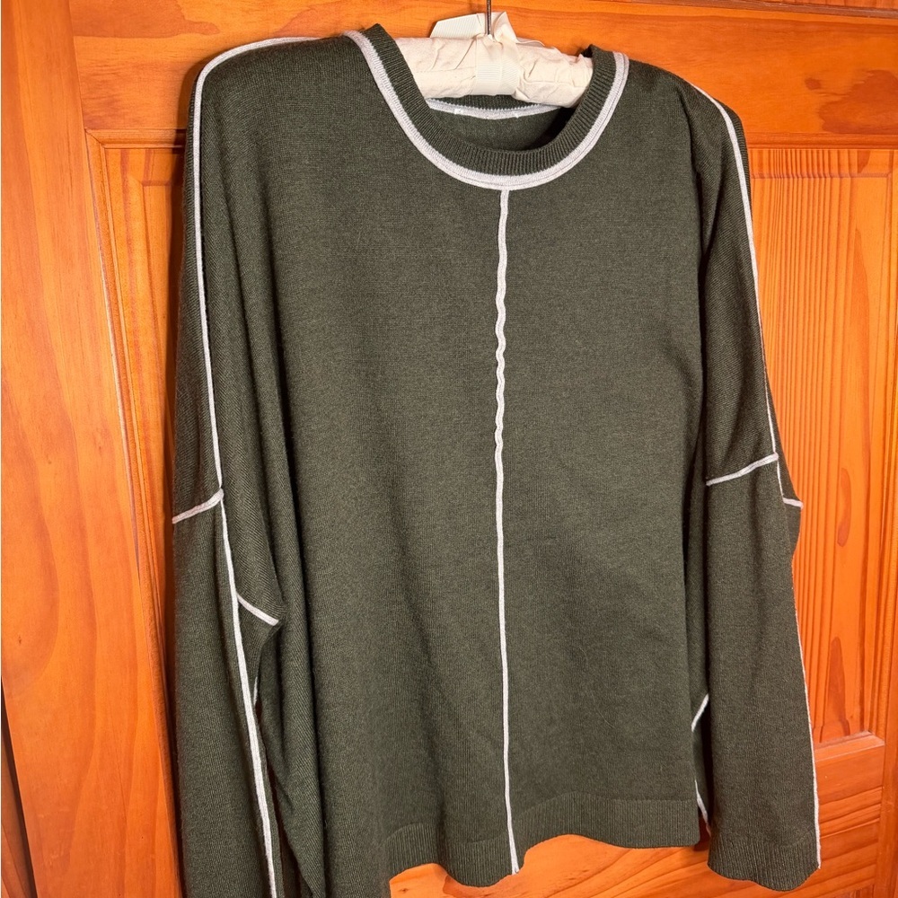 Olive Women's Crew Neck Sweater w White Piping XL